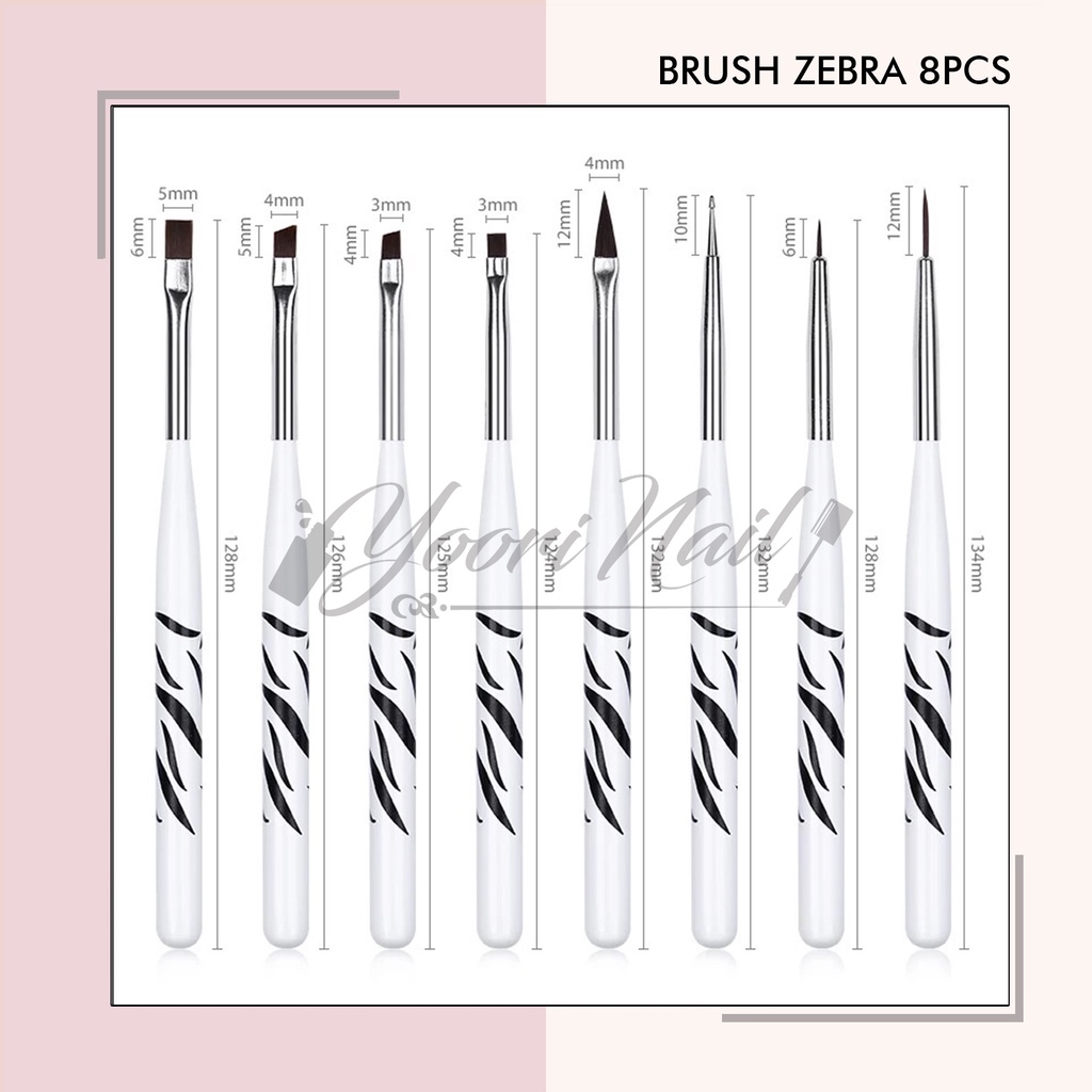 Kuas zebra brush kuas acrylic kuas gel brush 8pcs set acrylic brush dotting