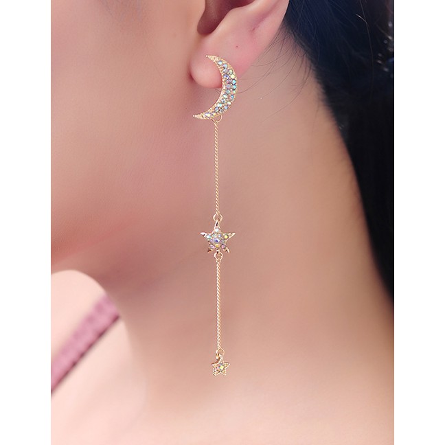 LRC Anting Tusuk Fashion Gold Diamond S925 Sterling Silver Star Moon Asymmetrical Earrings D17353