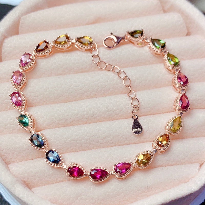 Gelang Rantai Lapis Silver S925 Hias Turmalin Warna Pelangi Untuk Wanita