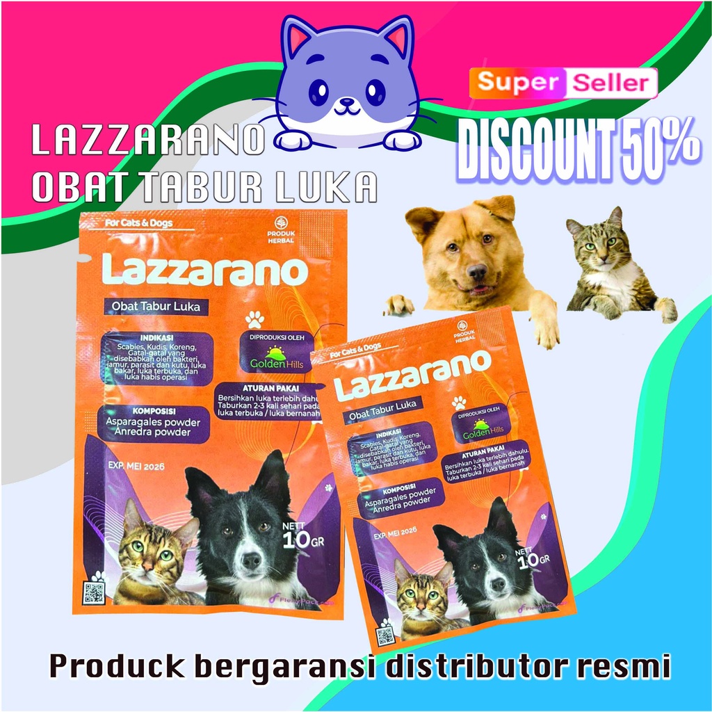 Obat kucing Obat Hewan Obat Tabur Mengobati Luka Scabies Koreng Eksim Demodex Ampuh LAZZARANO - Kemasan Serbuk Sachet 10Gram