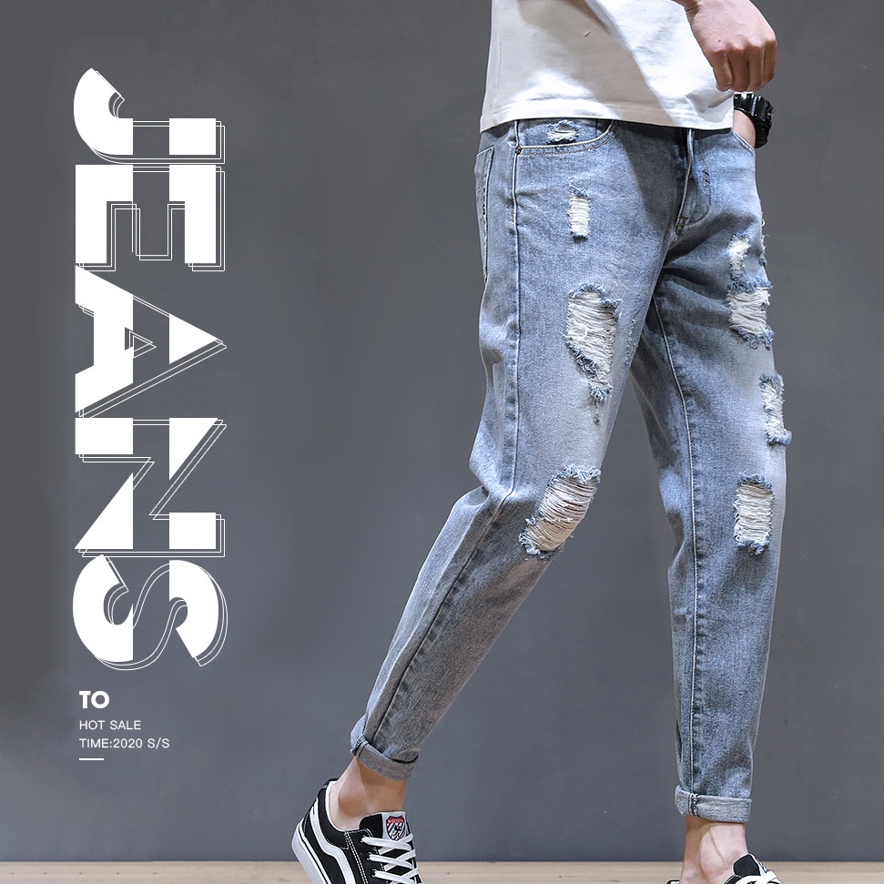Ripped jeans pria Celana pensil cowok sobek celana jeans panjang cowok celana jeans baggy pria celana slim fit pria celana jins pria celana jeans korean style pria