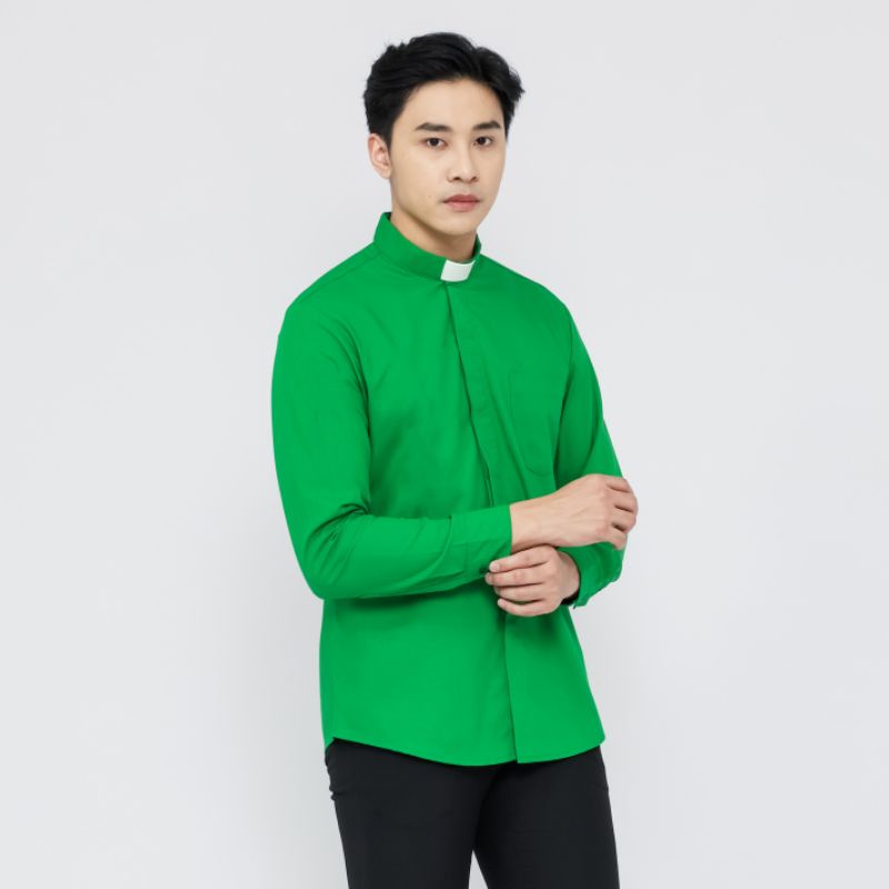 Pendeta - Kemeja Collar Hijau Fuji Polos - Cotton Tropical - Jos Miracle Bandung - Miracle - JMB