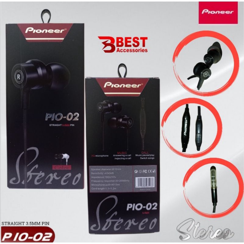 HF EARPHONE ORIGINAL PIONEER PIO-02 SUPER BASS+MIC HEADSET STEREO MUSIC