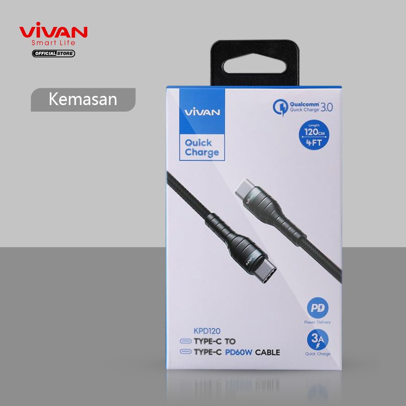 Kabel Type C to Type C VIVAN Fast Charging KPD100s Power Delivery 60W 3A Support Macbook