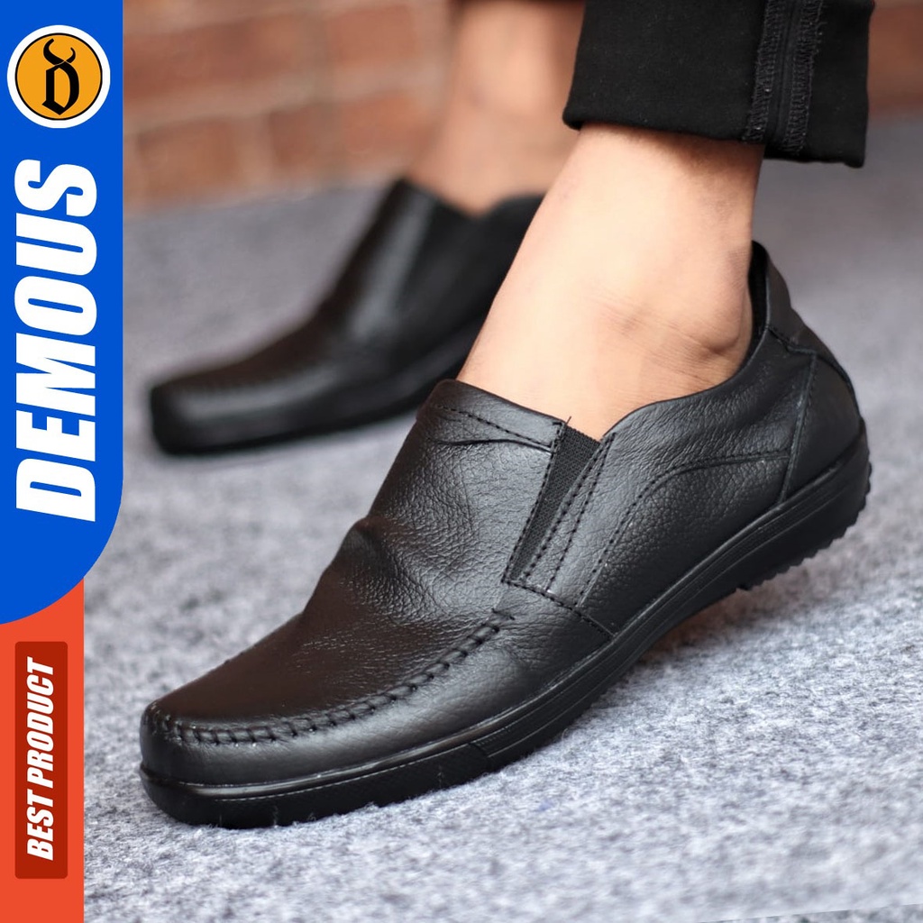 Sepatu Slip On Pria Sepatu Casual Pria Formal Kulit Asli Sepatu Pantofel Kerja Kantor Kuliah Kondangan Sepatu Slop Pria Sepatu Hitam Pria DEMOUS KNIT