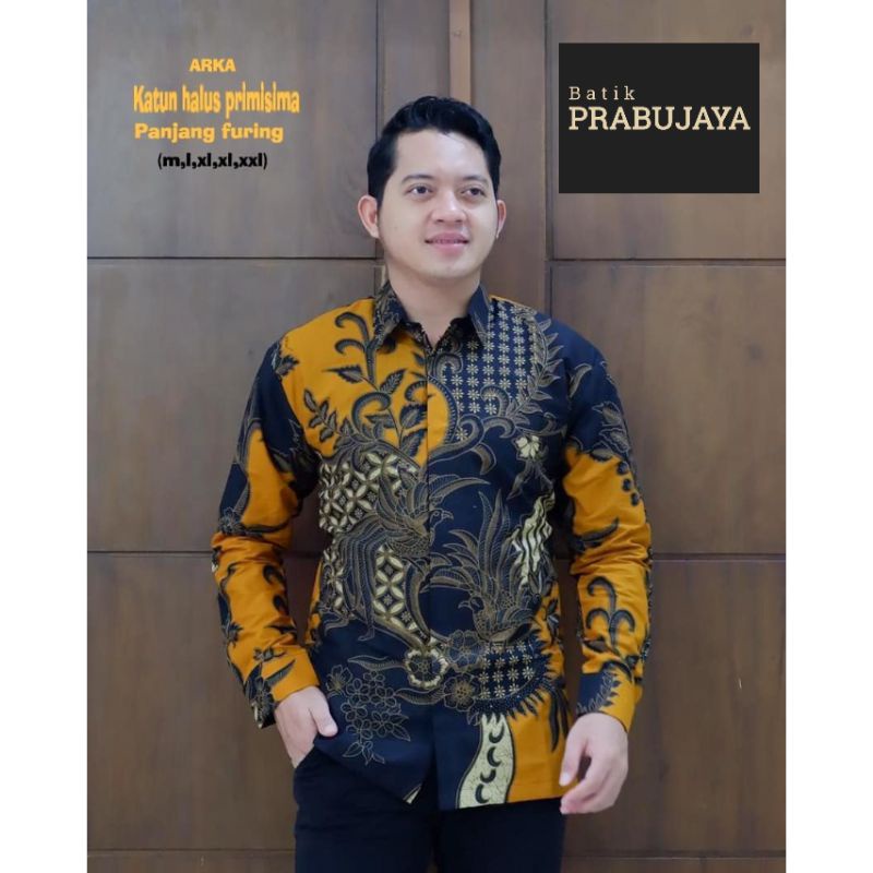 PRABU KUNING Kemeja Batik Pria Modern Lengan Panjang Full Furing - Baju Hem Batik Pria Solo Kuning Kondangan Pesta