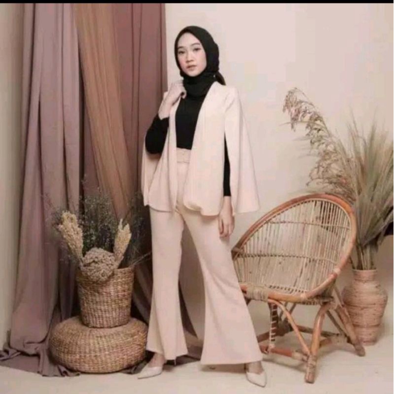 One Set Bazer Wanita Setelan Kardigan Outer Helena Set Celana Cutbray+Outer Tanpa Iner