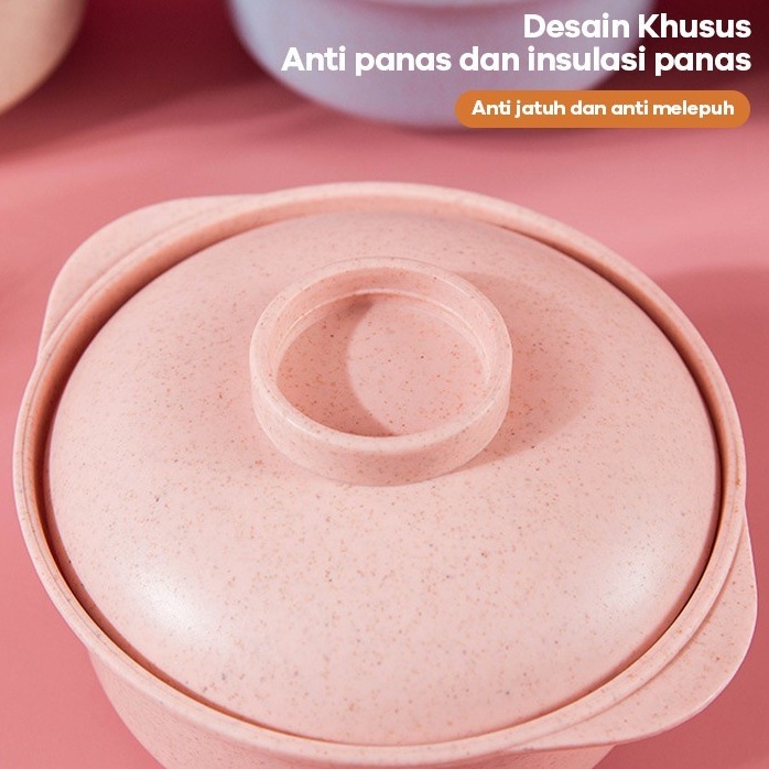 IKILOSHOP Bowl Jerami Mangkok Tutup 2 in 1  Dan Sendok Gandum Tahan Panas BPA Free Mangkuk Plastik