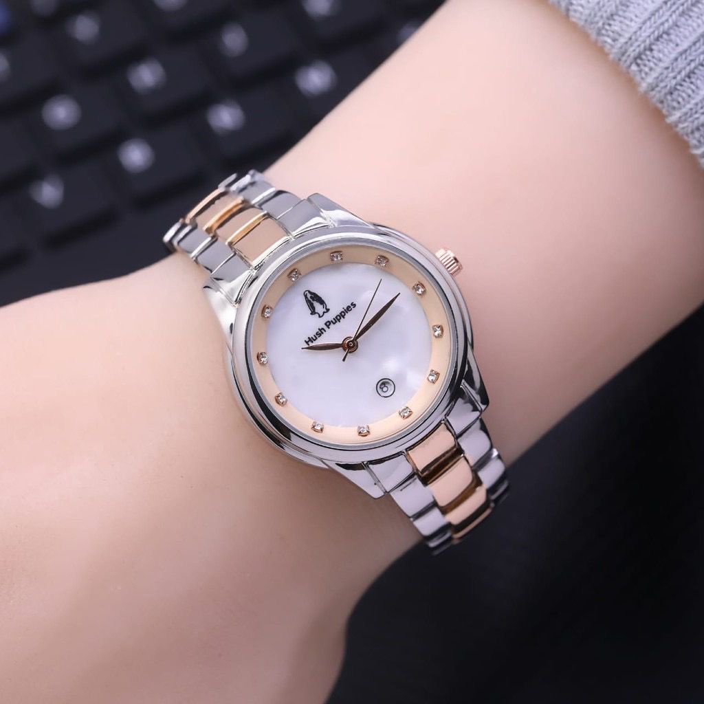 [BISA COD] JAM TANGAN FASHION WANITA HUSH PUPPIES 8398 TALI RANTAI TANGGAL AKTIF