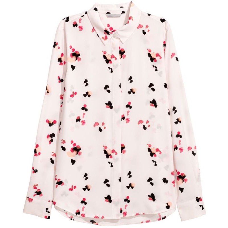 H&M Long Sleeve Patterned /Striped Blouse Wanita Branded Original-White Floral