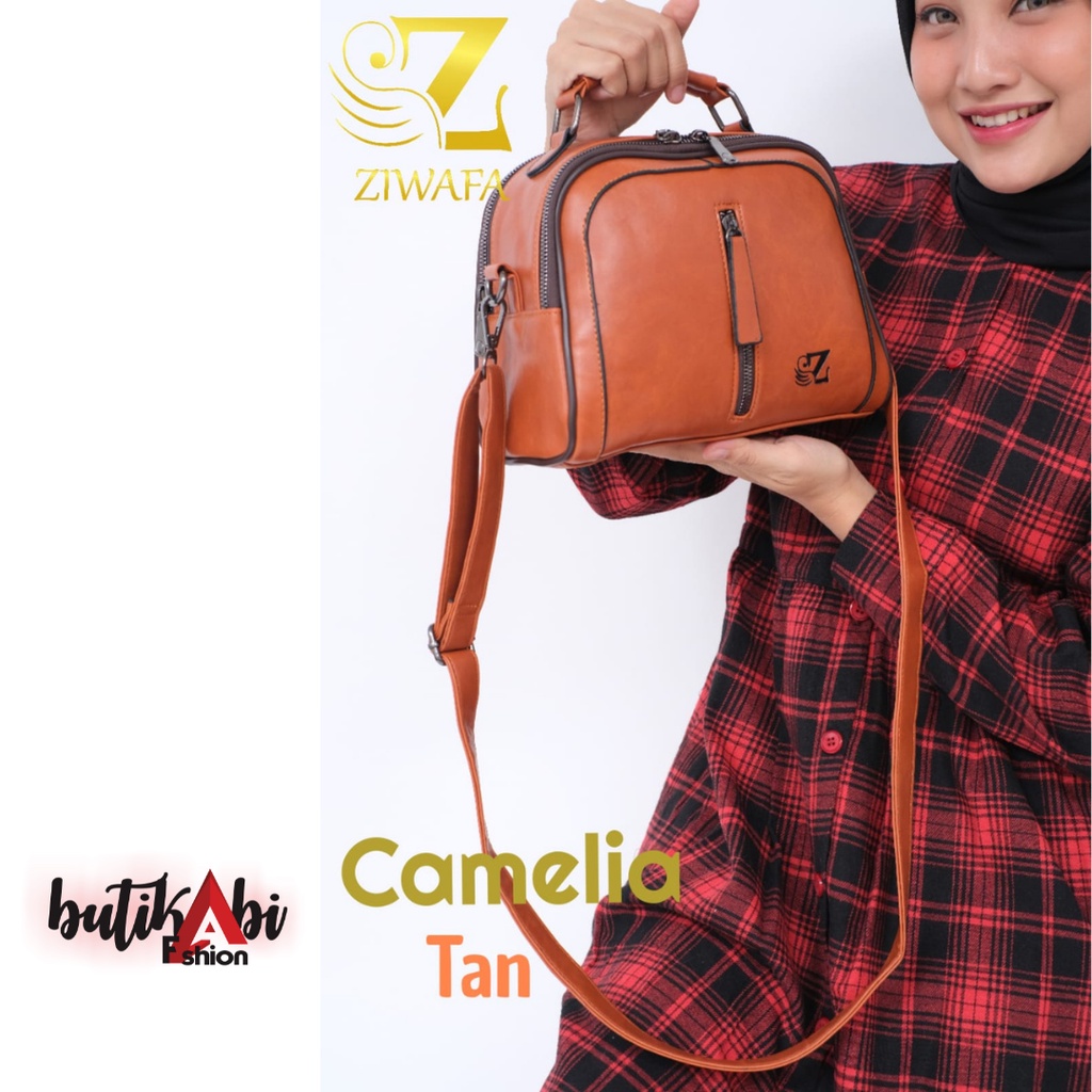 ZIWAFA TAS SELEMPANG CAMELIA WARNA TAN COKLAT SLINGBAG TALI PANJANG SLING BAG BAHAN KULIT SINTETIS K