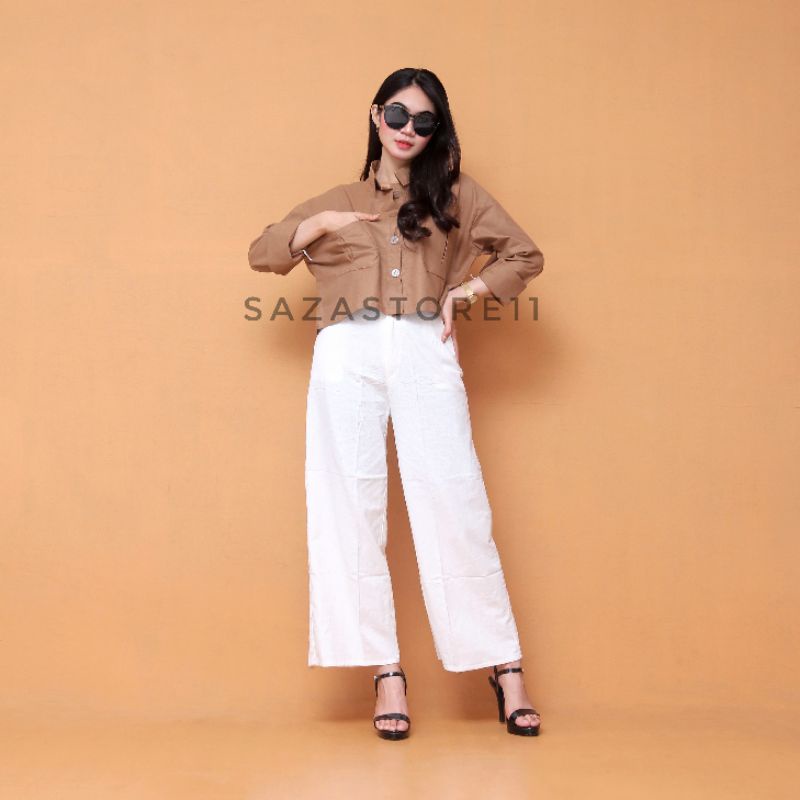 Kemeja Crop Linen Pocket - Oversized Shirt Linen - Outer Crop Linen - Atasan Wanita 991