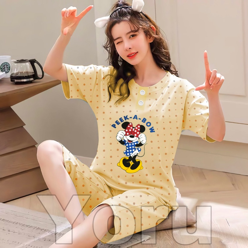 Pamelo Piyama 3/4 Baby Doll Murah Suplier Sleep Wear All Size Baju Tidur Wanita kaos Katun Stelan Stage2 Baju Tidur Murah Produk Terlaris-3/4 Mini peeBo Yelow