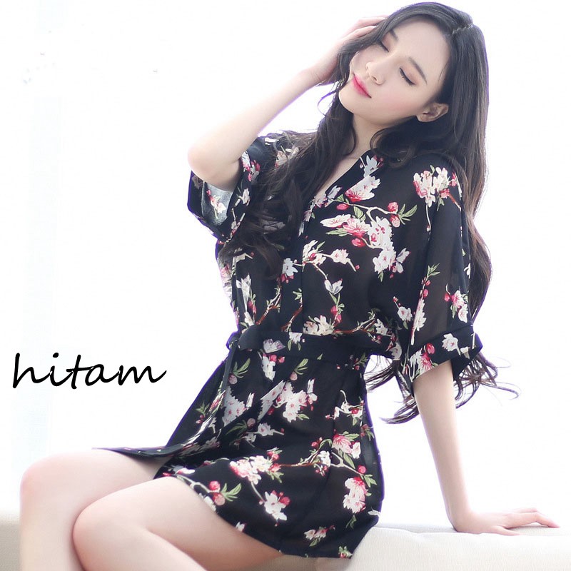 kimono WanitaSet Lingerie Sexy G String Baju tidur Bahan sifon dicetak A187-2