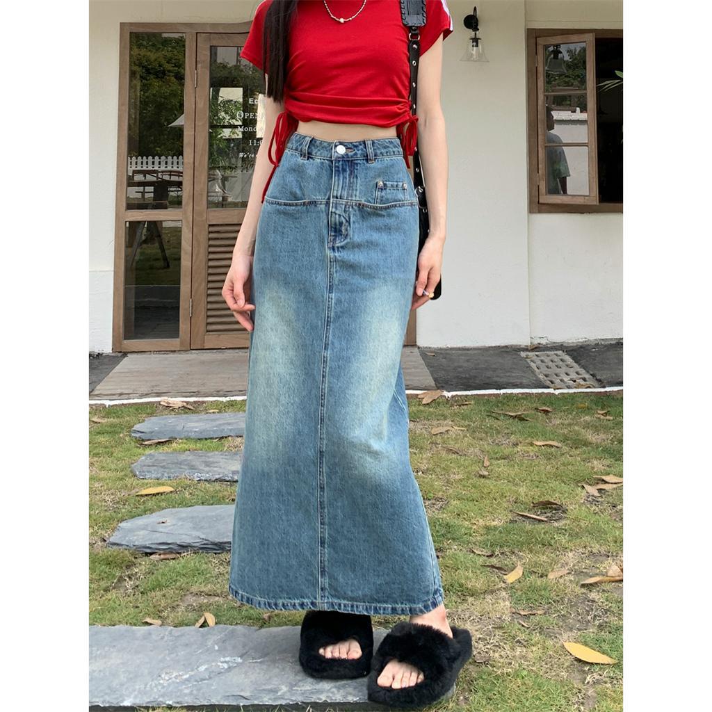 rok denim highwaist vintage washed rok a-line premium korean style rok vintage panjang