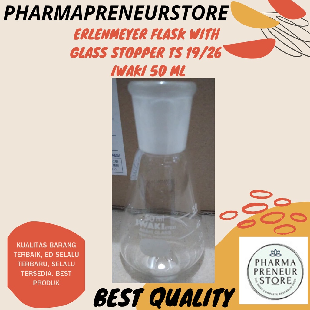 ERLENMEYER FLASK WITH GLASS STOPPER IWAKI 50 ML TS 19/26 5051FK50-19/26 BEST PRODUCT BEST QUALITY