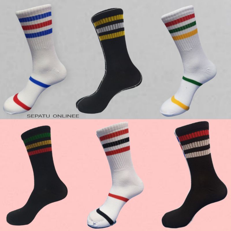 Kaos kaki motif panjang old skull tribal strip socks yellow black white garis