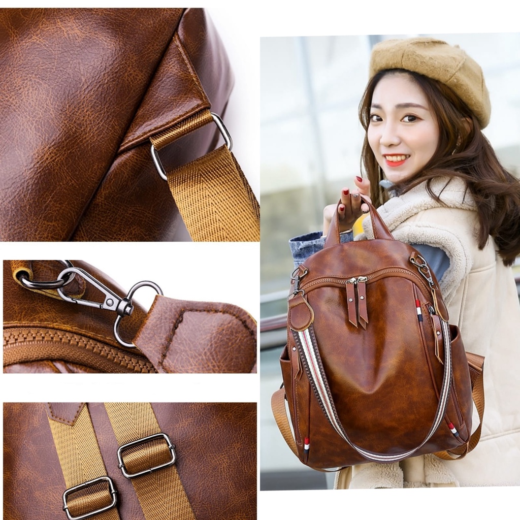 TAS RANSEL KULIT WANITA KOREA COKLAT MUNZI TA539B7 IMPORT BACKPACK BESAR GENDONG PUNGGUNG SEKOLAH KULIAH KERJA CEWEK KEKINIAN REMAJA BATAM BRANDED PREMIUM MURAH