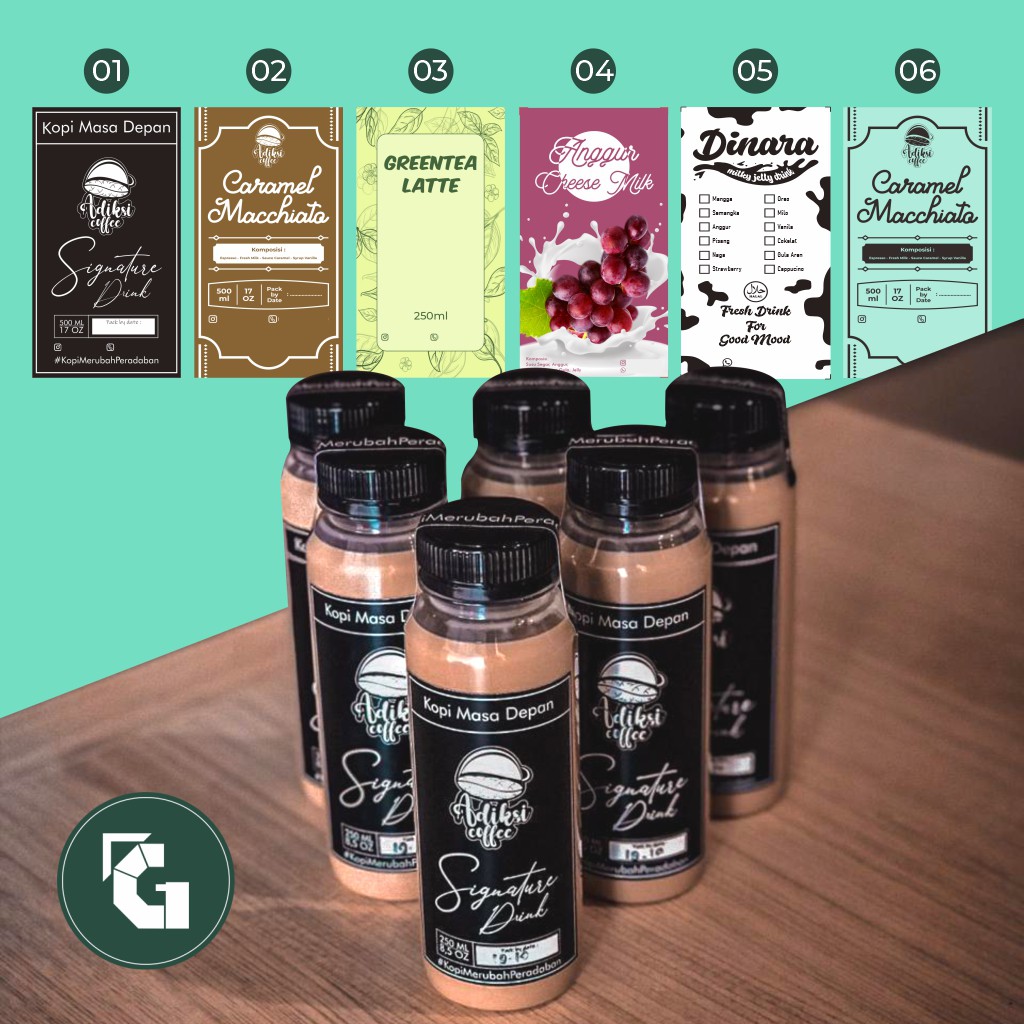 STIKER LABEL BOTOL MINUMAN KOPI / TEH / SUSU / DLL (TAHAN AIR)