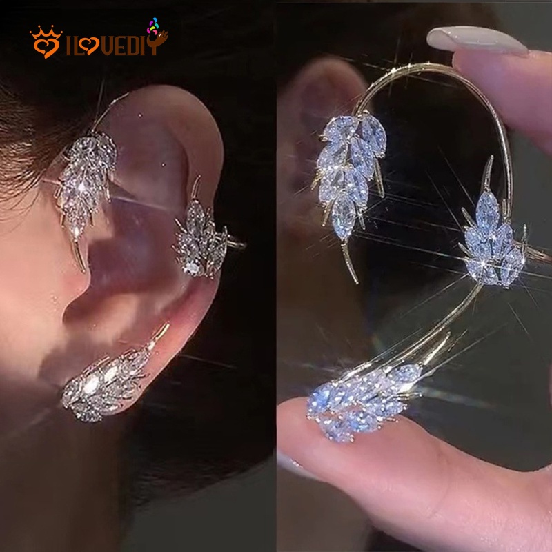 Anting Klip Tanpa Tindik Desain Daun Bulu Bunga Gandum Hias Zircon Berkilau Untuk Wanita