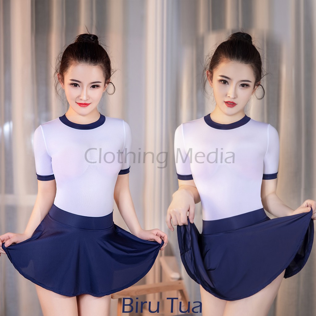 Baju Leotard Rok Set Silky Cosplay Sporty Jepang Elastis Semi Transparan