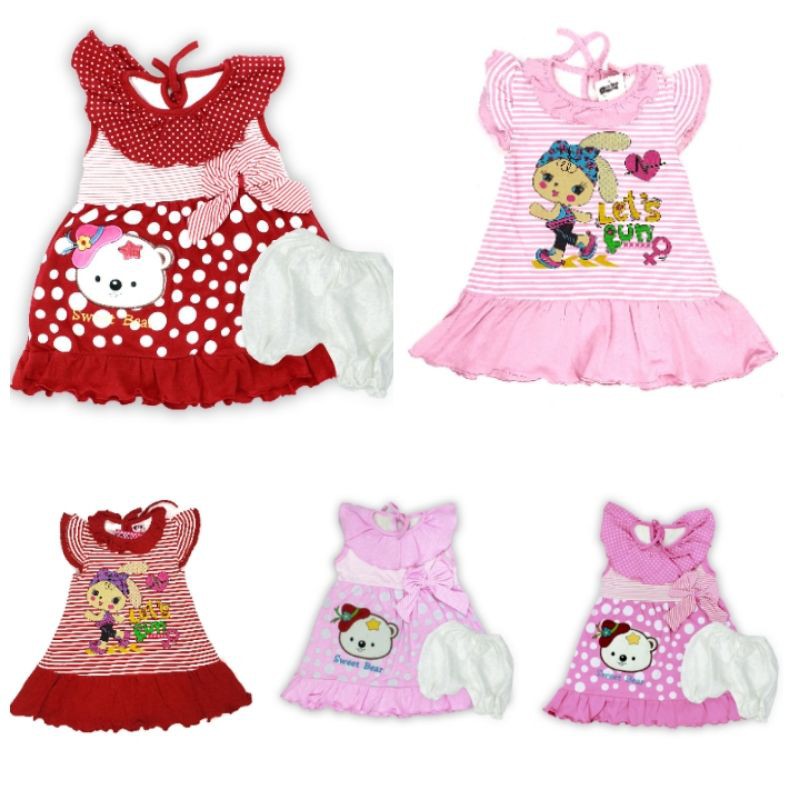 DRESS ANAK PEREMPUAN 1-2 TAHUN MOTIF CAMPUR RABBI &amp; BEAR RANDOM MOTIF