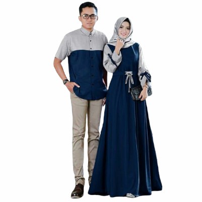 baju couple pasangan lebaran suami istri couple gamis kemeja muslimah - Navy