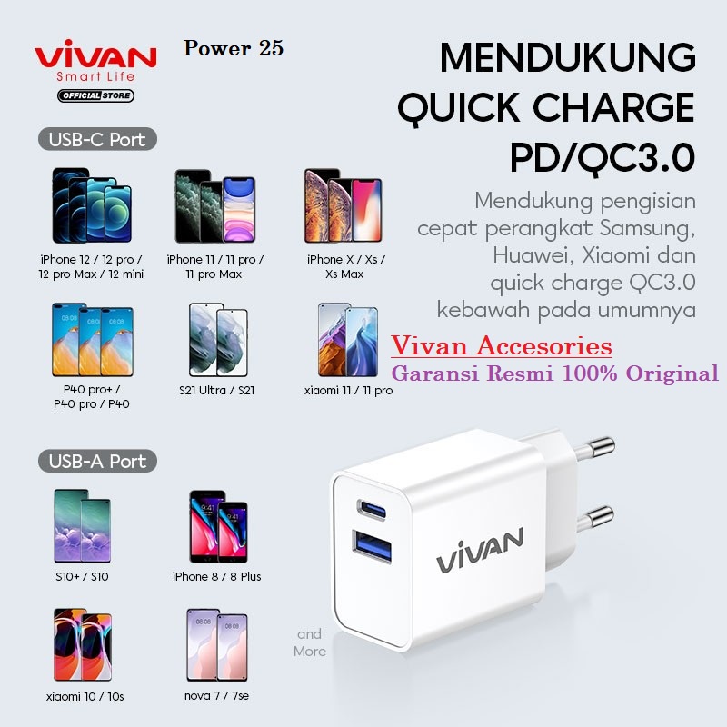 VIVAN Charger Power 25 3A PD / QC3.0 Dual Port with Super Durability