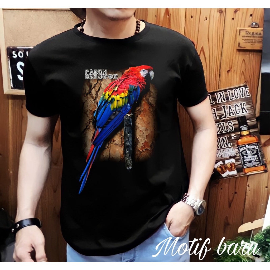 Shalch Trendy / Baju Laki-Laki / Kaos Distro Pria Motif Burung Macaw Warna Kicau Mania