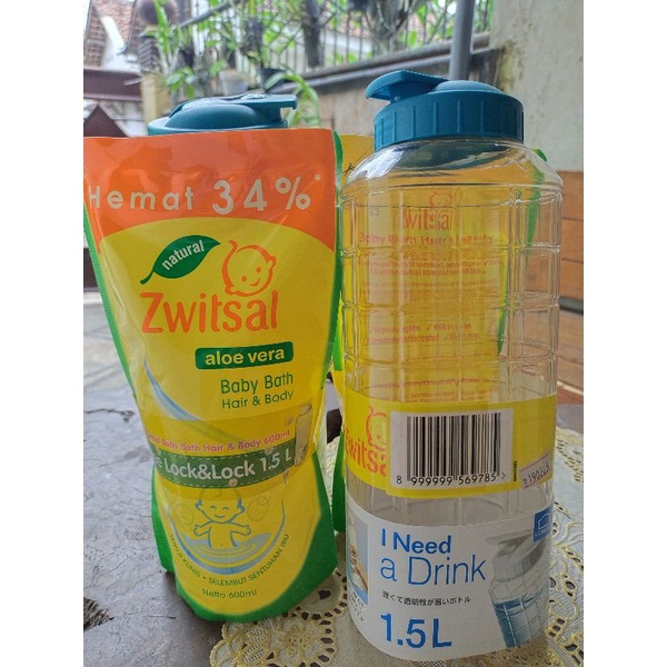 Zwitsal aloe vera baby bath hair & body 600ml free botol lock&lock 1.5lt