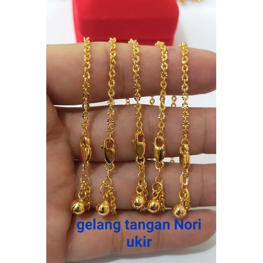 Gelang Nori Ukir, Panjang 17cm, Perak 925, Sepuh Emas Kuning