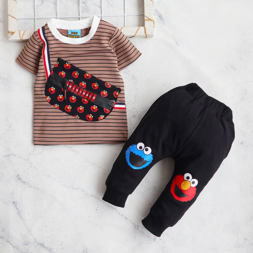 Nuna Store baju anak laki laki SaintQueen Motif Kantong Garis Elmo / Setelan Baju Bayi 0 - 2,5 tahun / Baju Anak Laki-Laki