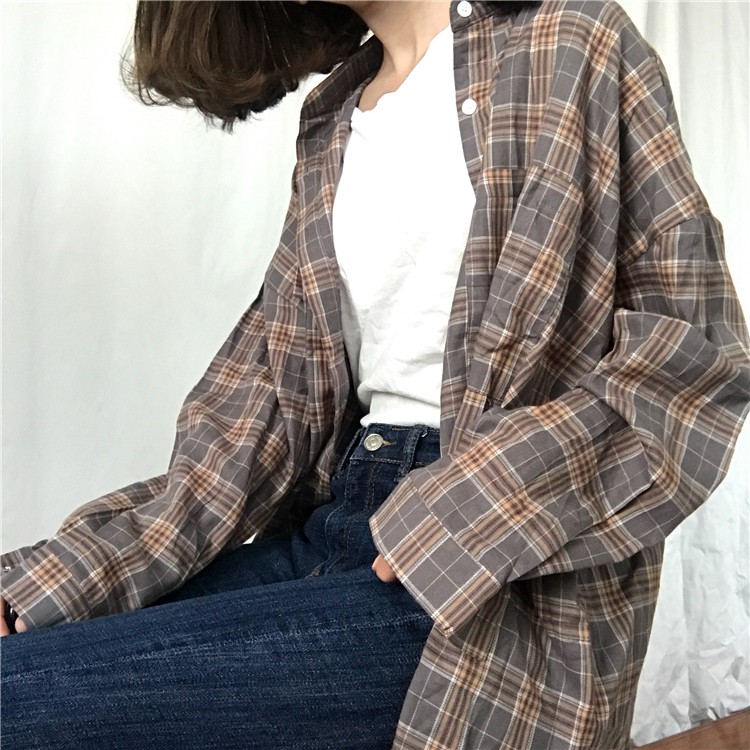 Kemeja kotak-kotak longgar wanita Korea baru yang diimpor korean style atasan wanita kaos merah atasan kaos Loose wanita