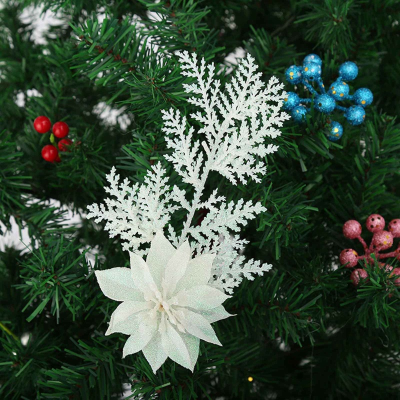 Ornamen Cabang Bunga Poinsettia Daun Pinus Buatan Aksen Glitter Untuk Pohon Natal