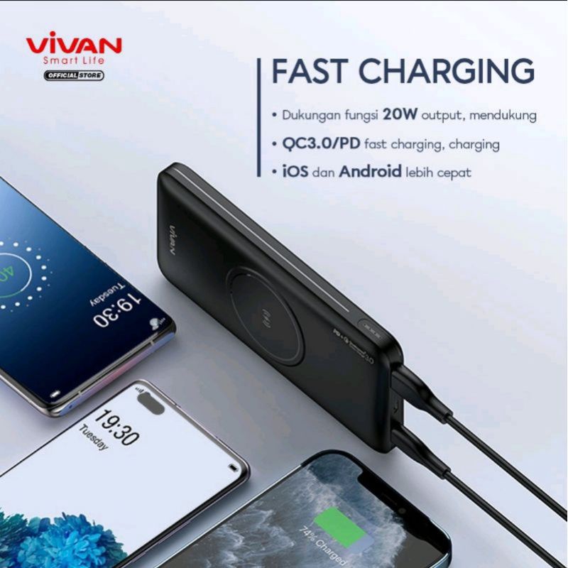 POWERBANK 10000mAH QUICK CHARGER WIRELESS CHARGING VIVAN VPB-W11