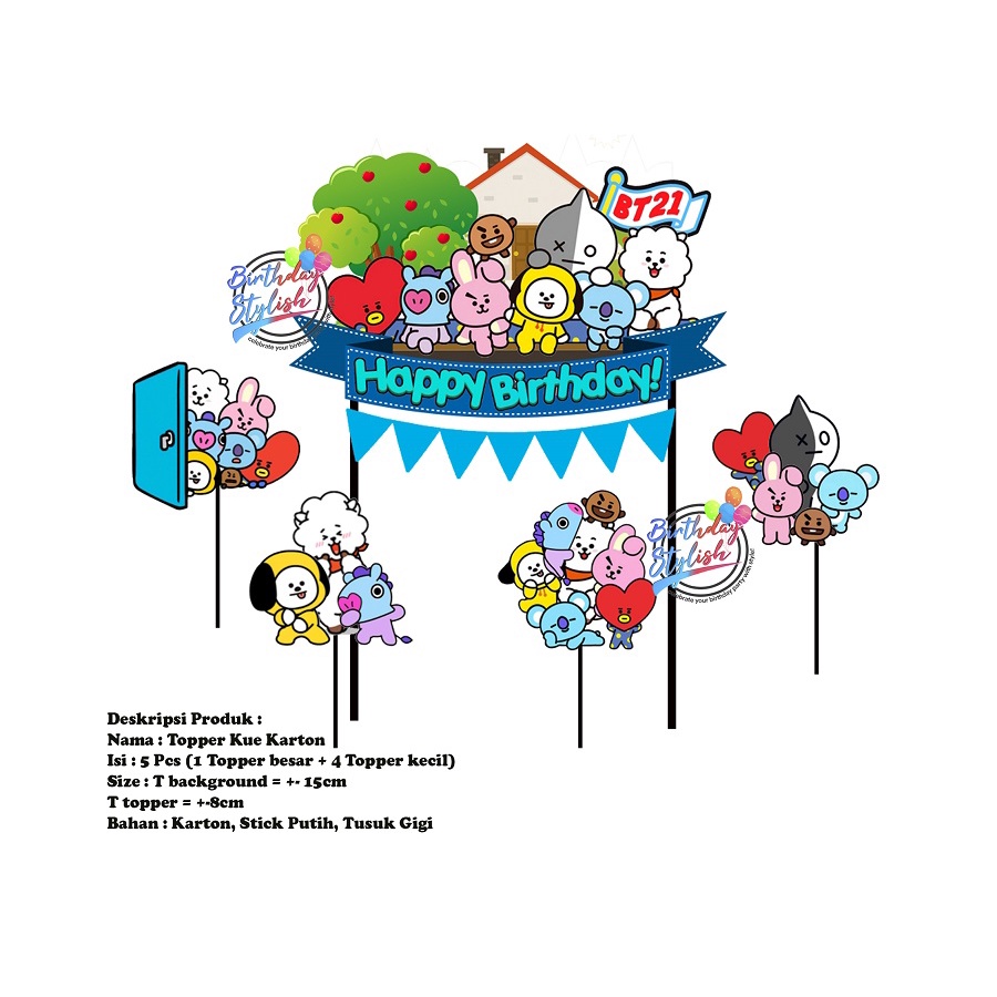 Topper Kue BTS BT21 DOLL Karton/ Hiasan kue Ulang Tahun BTS BT21 DOLL