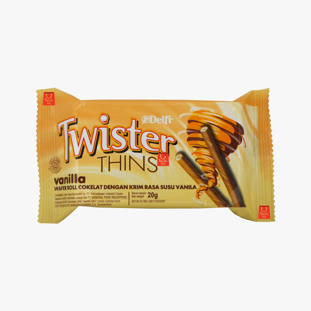 

Delfi Twister Thins Vanilla Wafer Roll Coklat dengan Krim Vanilla Eceran - 20gr