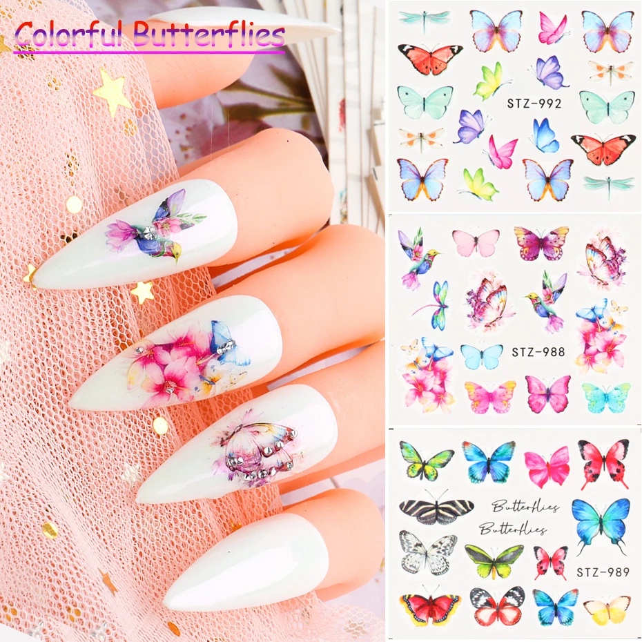 30 Lembar / Pak Stiker Kuku 3D Transfer Air Motif Kupu-Kupu Warna Biru / Hitam Untuk Nail Art