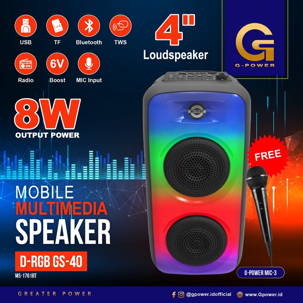 (COD) Speaker bluetooth Portable G-Power Type MS-1761BT 4&quot;&quot; Full Panel RGB LiGHT Show FREE MIC Original