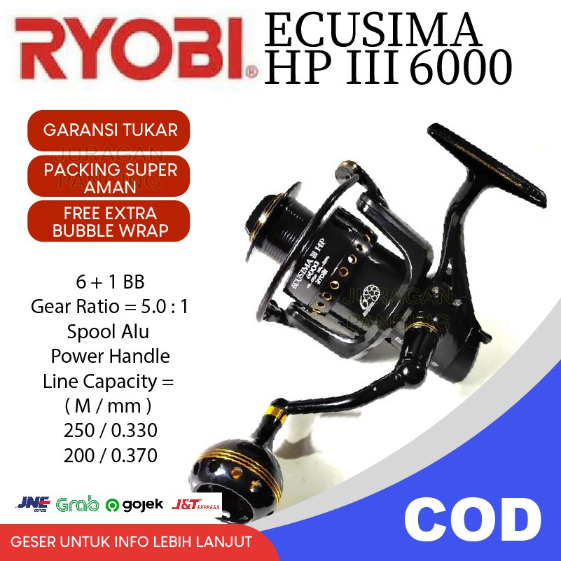 REEL PANCING RYOBI ECUSIMA HP III 6000 RIL LAUT POWER HANDLE SPOOL ALUMUNIUM KUAT 15 KG PREMIUM