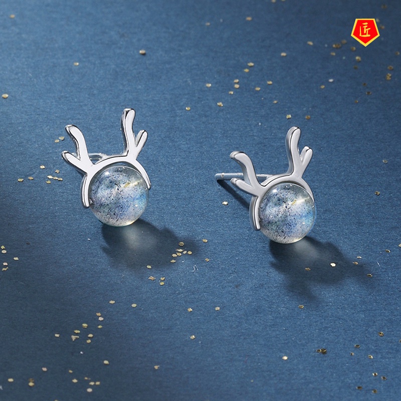 [Ready Stock]Simple Cute Deer Horn Moonstone Stud Earrings Women
