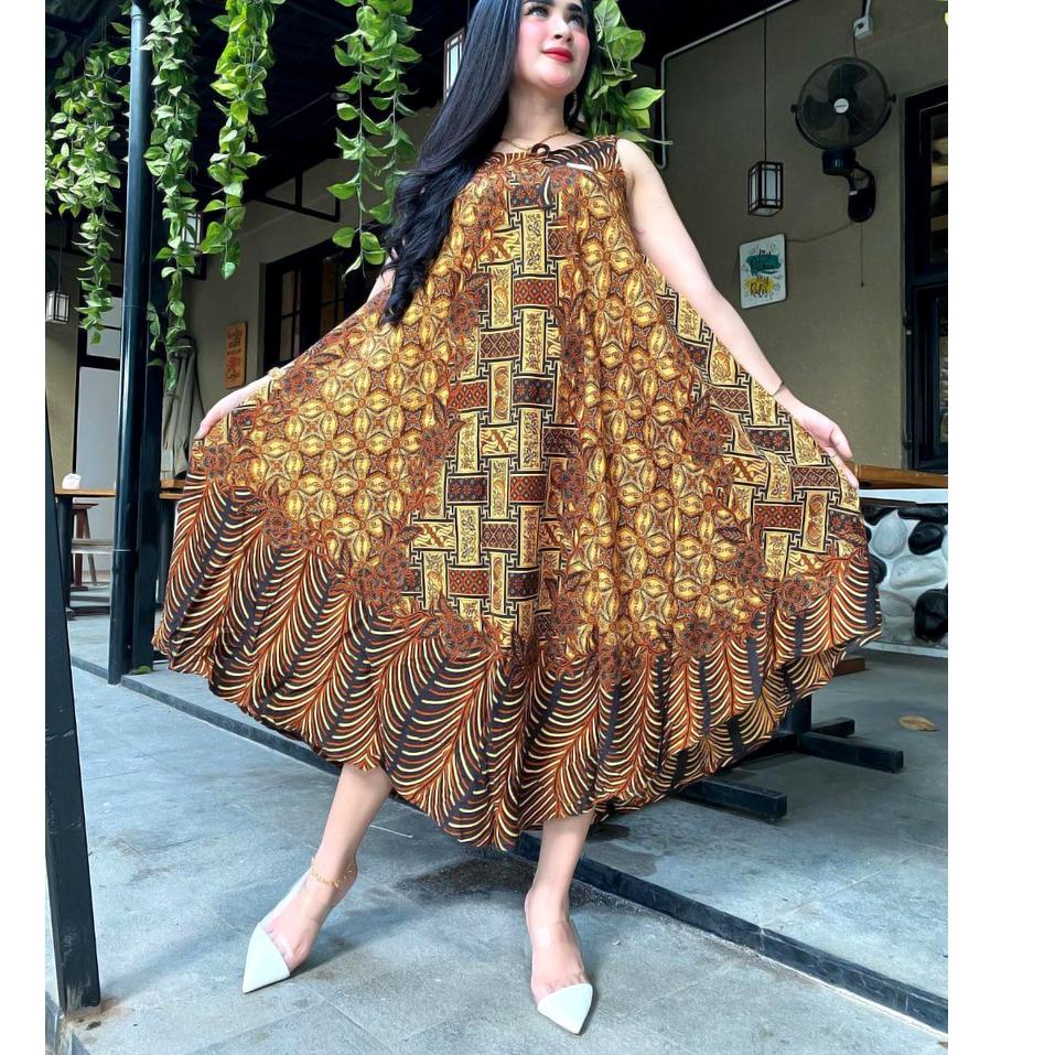 BATIK WANITA KEKINIAN DASTER DRESS RAYON YUKENSI PAYUNG JUMBO SOGAN MONOCROM BUMIL MURAH ADEM • TGN.