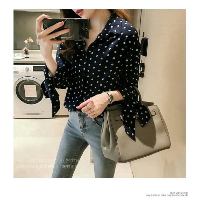 Kemeja Wanita Import Baju Import Wanita Baju Wanita Kekinian Kemeja polkadot hitam [Baju Atasan Wani