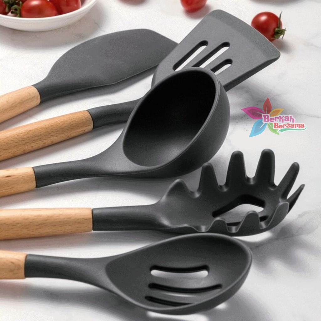 RT82 Kitchen Utensil Silicone wood 12pcs Set Peralatan Dapur Masak Baking Sutil Spatula Sendok Silikon Set Alat Masak 11 in 1 gagang kayu BB6367