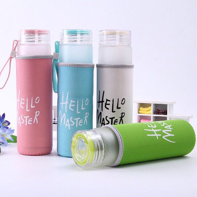 BOTOL MINUM KACA HELLO MASTER FREE SARUNG BUSA WARNA UK. 300ML