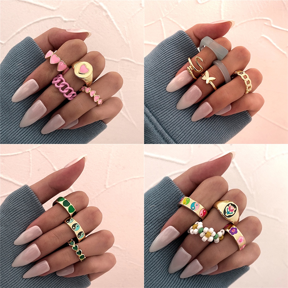 3Pcs/Set Fashion Colorful Rings Set Heart Chain Diamond Resin Alloy Ring Women Finger Ring Jewelry Accessories