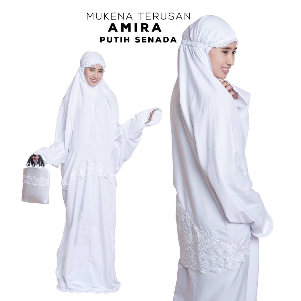 Nanoystore Official - Mukena Dewasa Terusan Premium Motif Amira Putih List Renda Bunga