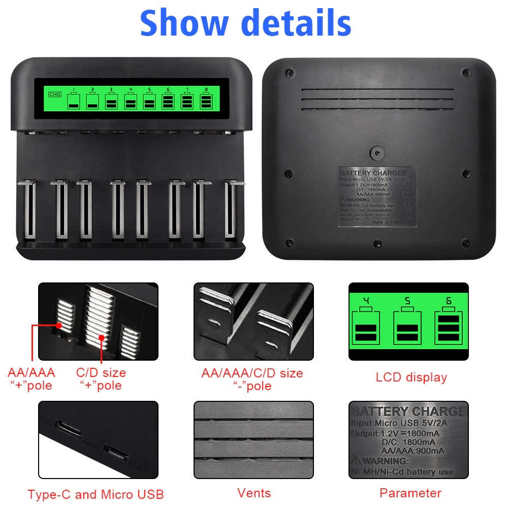 Charger Baterai 8 Slot Large LCD for AA AAA SC C D - NC559 - Black