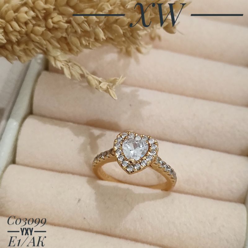 Cincin Yaxiya Motif Love Zircon warna Gold (size 5-7) C03099