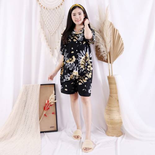 Setelan Piyama Wanita Pendek HP Satu Set Tie Dye Rosei Jumbo XXL Big Size Baju Tidur Wanita Cewek Casual Setelan Rayon One Set Cantik-ELVI BROWN